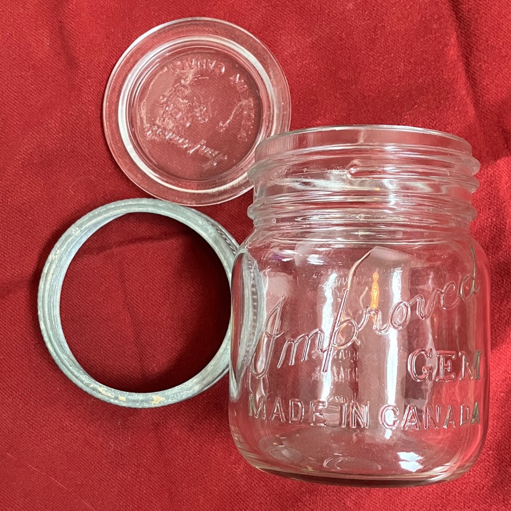 Vintage Glass mason Jar with glass lid Metal rim